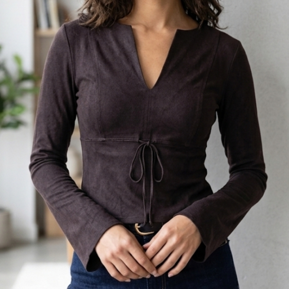 Studio M Dark Brown V-Neck Tie-Waist Long Sleeve Top
